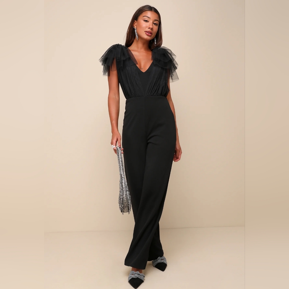 Lulus Fabulous Fun Black Tulle Flutter Sleeve Straight Leg Jumpsuit